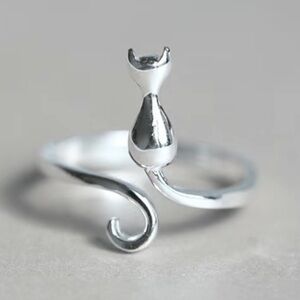 Cat One Size Open Ring Silver Tone
